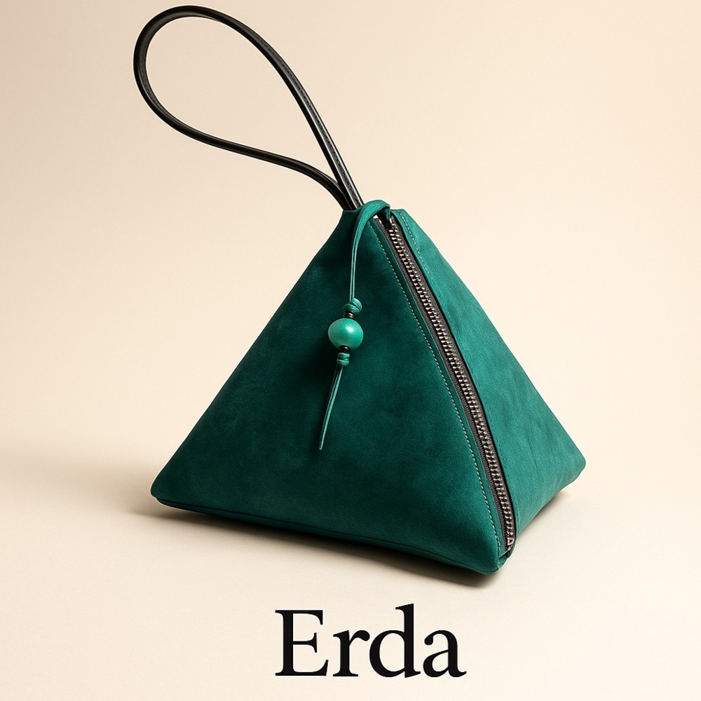 Erda Green Pyramid Leather Handbag Unique Geometric Purse Chic Fall Bag Size OS
